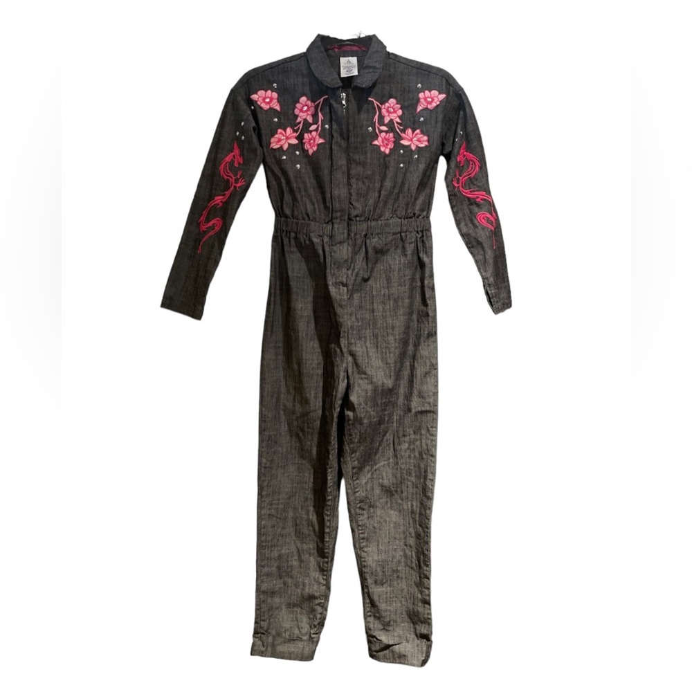 DISNEY MULAN JUMPSUIT GIRLS SIZE 9/10 EMBROIDERED FLORAL GRAY W/HOT PINK…